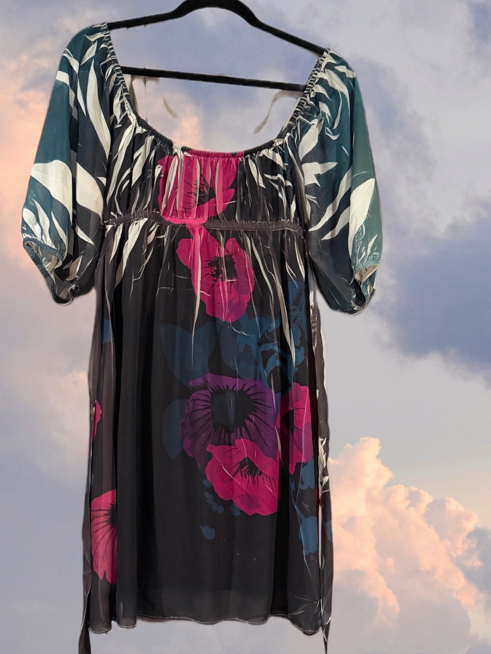 Fleurish Black Mini Dress with Pink and Teal Floral Print